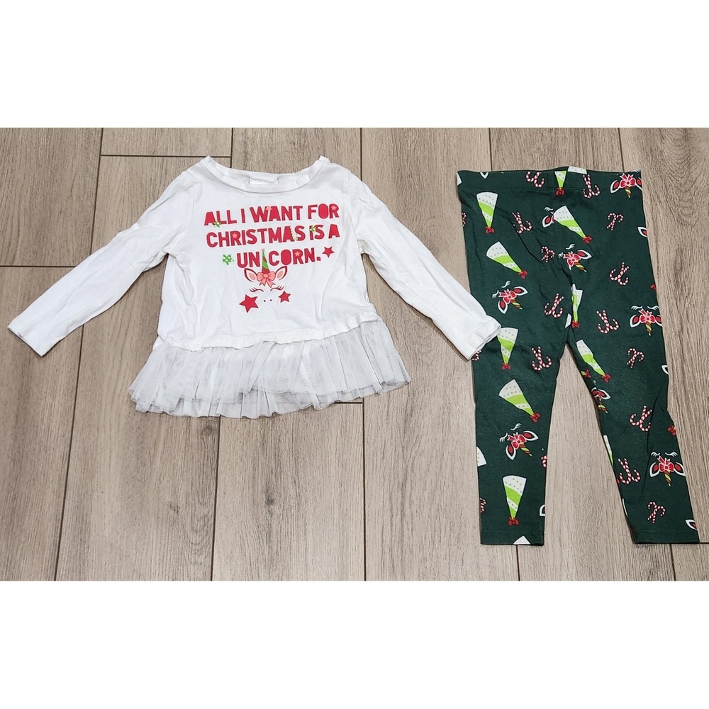 Lily &‎ Dan 3T Unicorn Christmas Outfit Tulle Skirt Top & Candy Cane Leggings